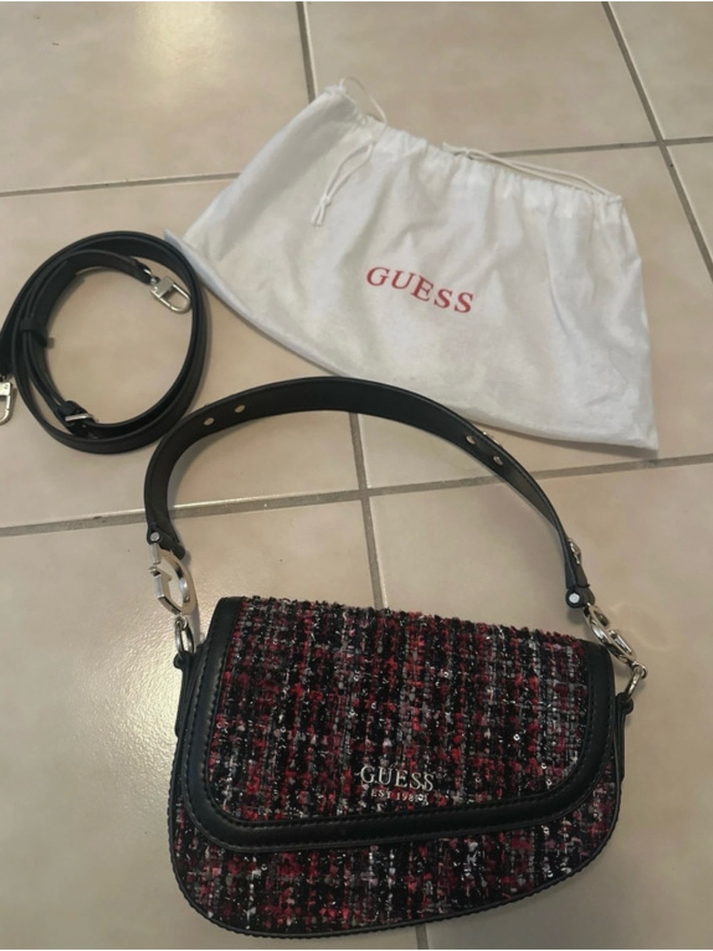 GUESS Tweed Shoulder Bag in Black and Red